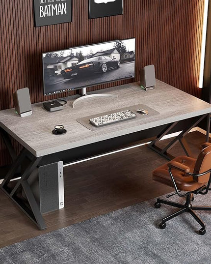 LVB Grey Computer Office Desk, Industrial Wood PC Gaming Gray Desk for Home Office, Modern Wooden Metal Study Work Bedroom Table, Farmhouse Executive Writing Desk with Storage, 55 Inch, Light Grey Oak