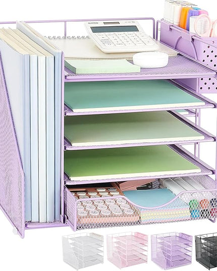 OUTIOE Desk Organizer with Drawer and Pen Holder, 5-Tier Paper Letter Tray Organizer with File Holder, Suitable for Workspace Organizer Office Supplies Storage (Purple)