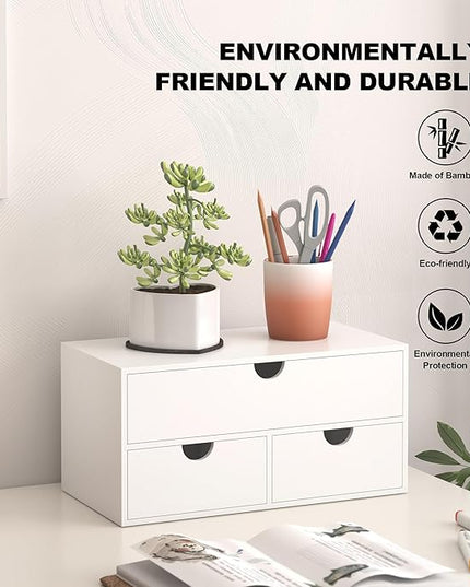 Bamboo Desk Organizer with Drawers Desktop Storage Drawers for Bills Office Supplies Kitchen Utensils Organizing Tool for Home Classroom Organization No Assembly (White)