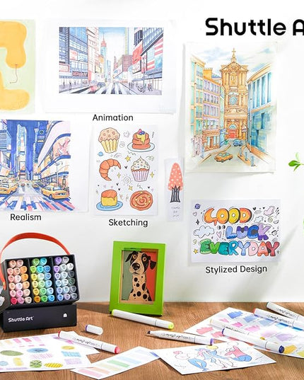 Shuttle Art Pastel Alcohol Markers Brush tip, Dual Tip Brush & Fine Tip Art Marker Set, 50 Colors plus 1 Blender Marker Pens with Case Perfect for Illustration Kids Students Adults Coloring Sketching