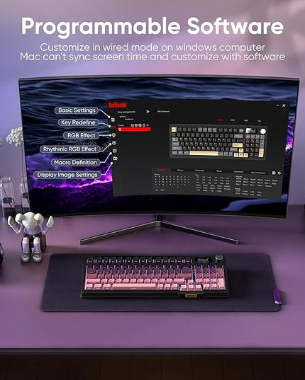 RedThunder K95 Wireless Mechanical Keyboard,TFT Screen & Knob, Trip-Modes Connection, Gasket Custom Hot-Swap Keyboard, RGB Backlit, Pre-lubed Linear Switches, Side Printed PBT Keycaps, Gradient Pink