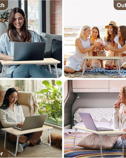 Amaredom Laptop Bed Desk Tray Bed Table, Foldable Portable Lap Desk Notebook Stand Reading Holder with Storage Drawer and Cup Holder for Eating Breakfast on Bed/Couch/Sofa-White Maple