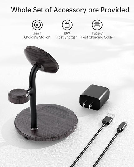 XooFly 3 in 1 Wireless Charging Station for Apple Devices, Fast Wireless Mag-Safe Charger Stand with 20W Adapter for iPhone 17/16 15 14 13 12 Pro Max/Pro/Plus/Air/Mini,iWatch,AirPods(Black Wood Grain)