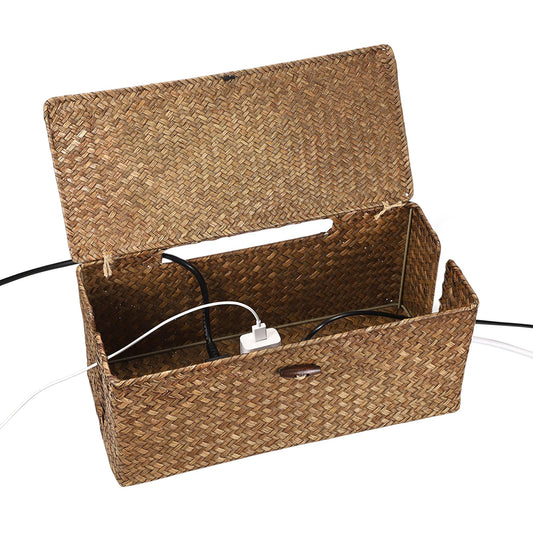 BTSKY Woven Cable Management Box with Lid, Seagrass Cord Organizer with 2 Open Slots for Power Strips & USB Hubs, Under Desk Cord Hider Box for Home Office, Pet Proofing Wire Basket, Large