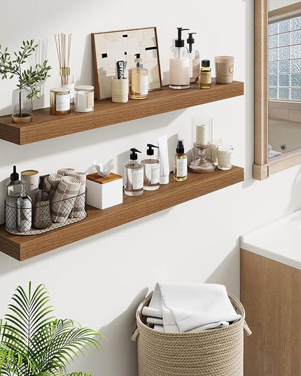 Fun Memories 40 Inch Floating Shelves, Long Wood Wall Shelf Set of 2 with Invisible Brackets, for Bathroom, Living Room, Bedroom, Kitchen, Walnut