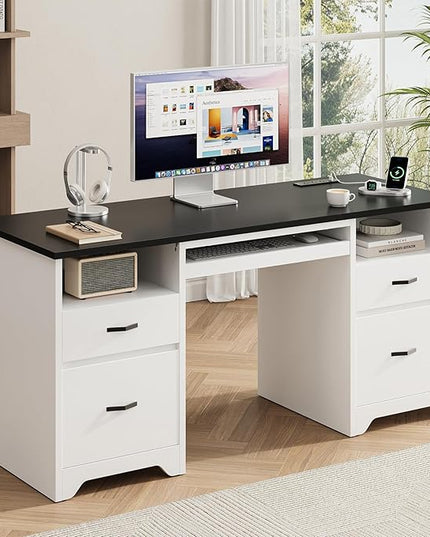 Bestier 59” Computer Desk with 4 Drawers, Office Desk with Storage, Modern Executive Desk with Charging Station, Keyboard Tray & Wooden Pedestals on Both Sides for Home Office & Studio, White