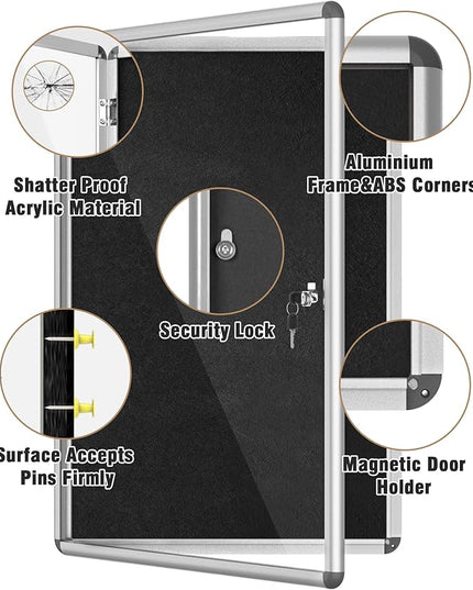 Mifuro 36"x24" Enclosed Bulletin Board, Lockable Weather-Resistant Aluminum Cork Noticeboard for School & Office, Silver Frame w/Black Flet