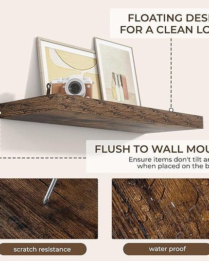 RICHFOCUS 36Inch Floating Shelves for Wall 2 Pack Shelves for Bedroom|Kitchen|Bathroom Wall Mounted Rustic Wood Floating Shelf with Invisible Brackets for Books|Storage|Decor, Rustic Brown