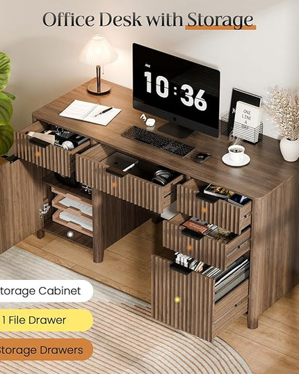 58" Fluted Home Office Desks with Storage, Modern Executive Desk Computer Desks with 5 Drawers & Cabinet, Wood Work Desk File Drawer for Office, Bedroom, Study, Living Room, Walnut