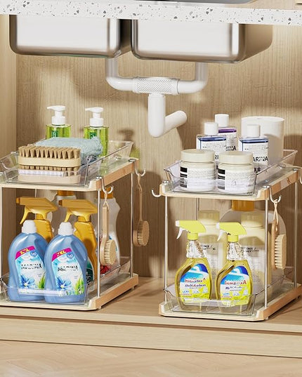 Delamu 2 Tier Bathroom Under Sink Organizers and Storage with Hook, Multi-Purpose Cabinet Drawers with Movable Dividers, Pull Out Organization for Countertop, Kitchen and Pantry(Wood Grain, 4 Pack)