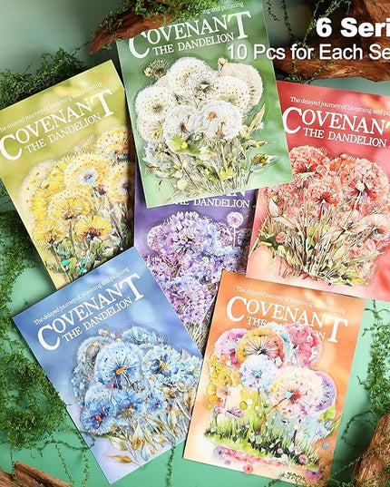 AuriicLeaf Dandelion Floral PET Stickers Set, 60PCS Holographic Botanical Flower Stickers for Scrapbooking, Journaling, DIY Crafts, and Art Supplies