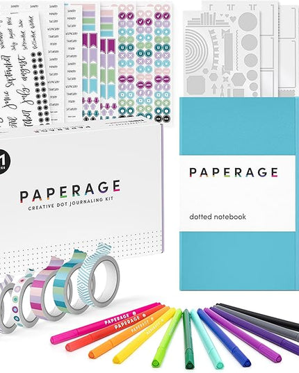PAPERAGE Bullet Style Journal Kit, Dotted Journaling Set & Stationary Kit, Hardcover Dotted Journal Notebook (Sky Blue), 12 Fineliner Pens, 8 Sticker & 4 Stencil Sheets, 6 Washi Tapes