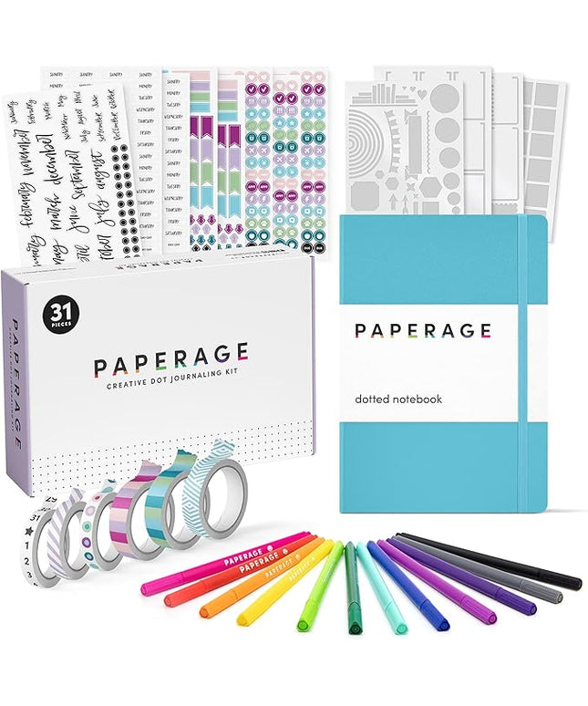 PAPERAGE Bullet Style Journal Kit, Dotted Journaling Set & Stationary Kit, Hardcover Dotted Journal Notebook (Sky Blue), 12 Fineliner Pens, 8 Sticker & 4 Stencil Sheets, 6 Washi Tapes