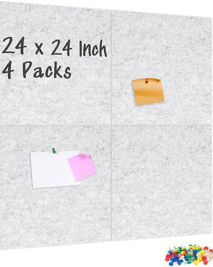 DOLLAR BOSS Felt Cork Board Tiles, 4 Packs 12" x 12" 1/2" Thick Cork Bulletin Board Self Adhesive Acoustic Panels Soundproof Corkboards for Walls with 40 Pushpins for Home Office School, Light Grey