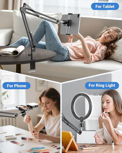 Overhead Camera Mount, Desk Camera Mount with 360° Adjustable Arm and Phone Holder for DSLR Cameras/iPhone/Webcam/Ring Light, Desk Phone Stand for Video Recording,Zoom Meeting,YouTube,TikTok