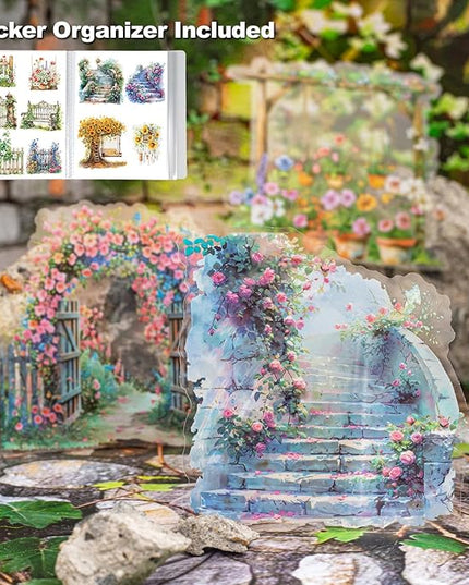 MiyouLuna 90Pcs Manor Fence PET Stickers, Vintage Garden and Floral Stickers for Scrapbooking, Journaling, DIY Crafts, with Organizer for Easy Storage
