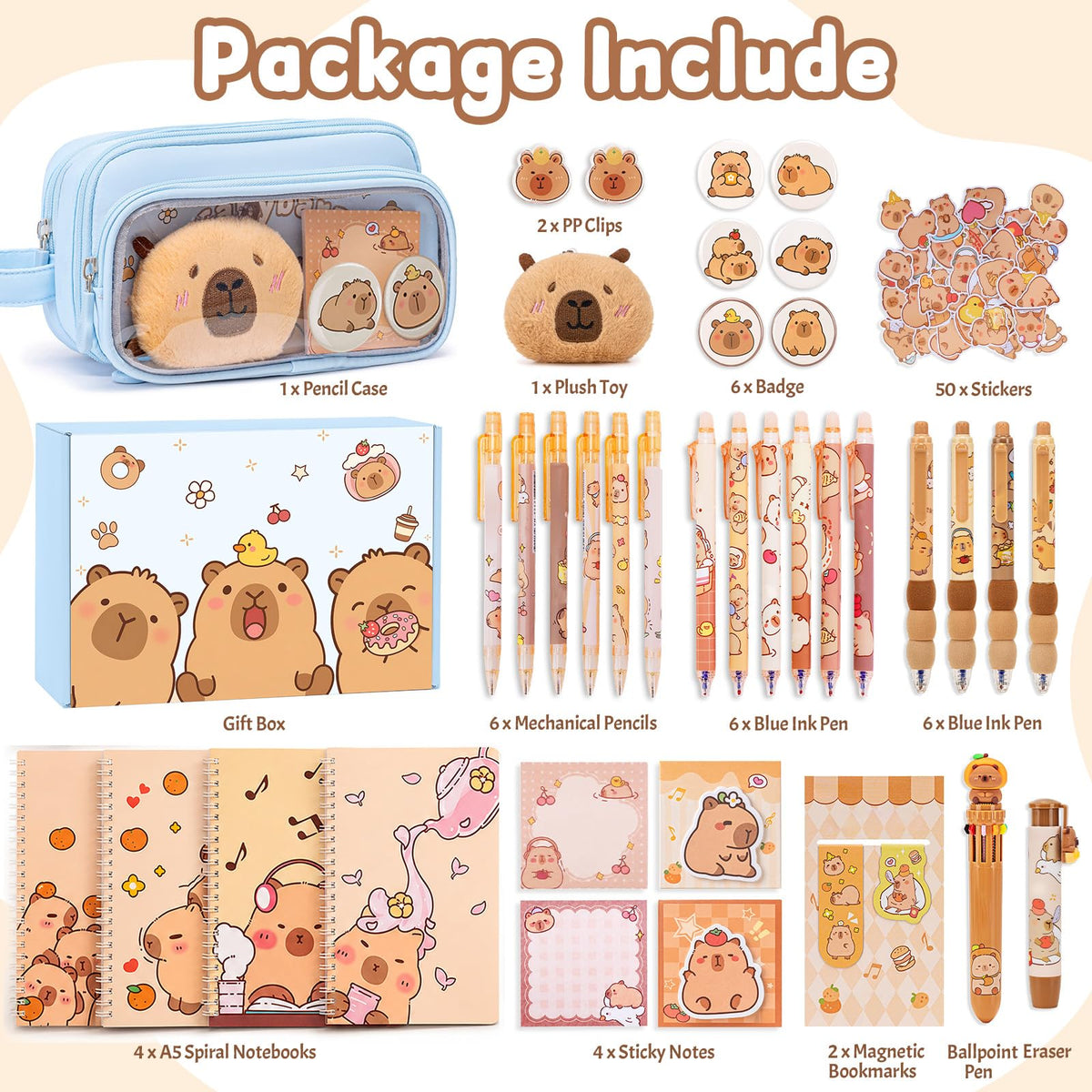Similove Capybara Stationery Set 92 Pcs, Kawaii Back to School Supply Bundle with Pencil Case, Notebooks, Pens and Stickers, Cute School Supplies for Kids Girls, Kindergarten Elementary Gifts