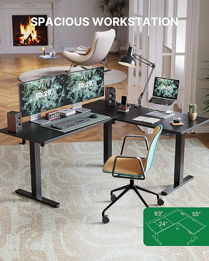 Marsail 63×55 in Electric Corner L-Shaped Standing Desk with 4-in 1 Electical Outlet, Computer Desk with Headphone Hook, Memory Sit Stand up Home Office Table, Ergonomic Gaming Table,Black