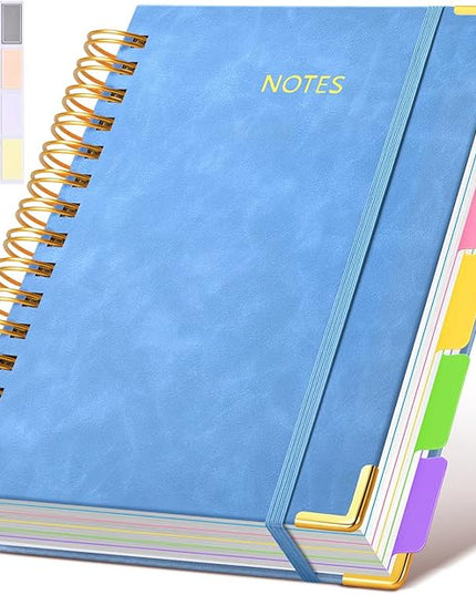 Hardcover Spiral Notebook journal with Removable Dividers Tabs, 300 Pages Leather 5 Subject Notebook College Ruled, 100GMS Notebooks for Work School Note taking,Lined Journal for Women,A5 Light Blue