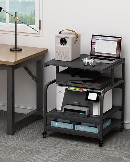 25.6" x 23.6" Extra Large Printer Stand Table with Adjustable Storage Shelf, 3 Tier Rolling Printer Cart with Industrial Wheels for Home Office, Black