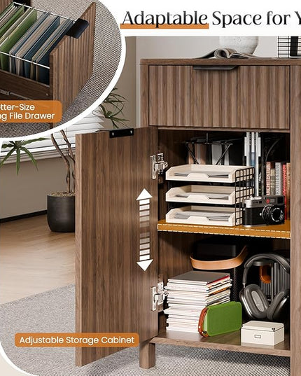 58" Fluted Home Office Desks with Storage, Modern Executive Desk Computer Desks with 5 Drawers & Cabinet, Wood Work Desk File Drawer for Office, Bedroom, Study, Living Room, Walnut