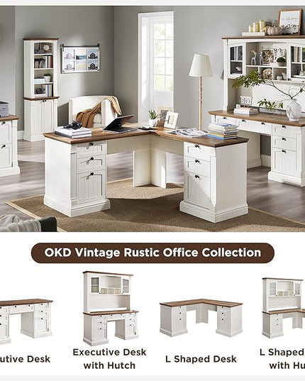 OKD 60" L Shaped Executive Desk with Drawers, Farmhouse Home Office Desk with Charging Station, File Cabinet Storage, Wood Corner Computer Desk for Work and Study, Antique White