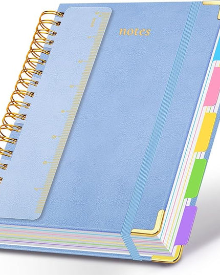 Hardcover Spiral Notebook 6.2"x 8.2" Journal Notebook with Tabs and Removable Dividers 300 Pages 5 Subject Notebook College Ruled, Faux Leather Spiral Bound Notebook for Women School Work(Lake Blue)