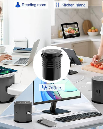 Pop Up Outlet for Countertop with 15w Wireless Charger, 4.7-Inch Pop Up Outlet with 4 Outlets and 2 USB-A, 1 USB-C, Pop Up Power Outlet for Kitchen Countertop, Conference Room, Study Room (Black)