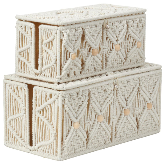 VinneGenzz 2PCS Cable Management Box Handmade Macrame Cord Organizer Basket