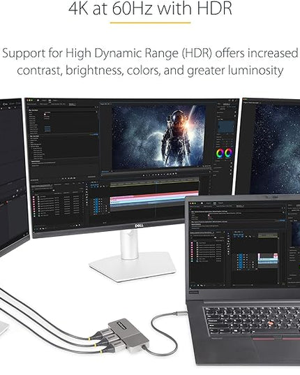 StarTech.com 3-Port USB-C Multi-Monitor Adapter, USB Type-C to 3x DisplayPort 1.4 MST Hub, Triple 4K 60Hz DP Laptop Display Extender / Splitter, HDR, Extra-Long Built-In Cable, Windows (MST14CD123DP)