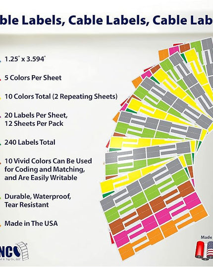 Kenco Cable Labels - 240 Labels 12 Sheets, 10 Colors Waterproof Cord Labels - Write on Stickers Tear and Liquid Resistant for Color Coding and Identification -Made in The USA (240 Labels)