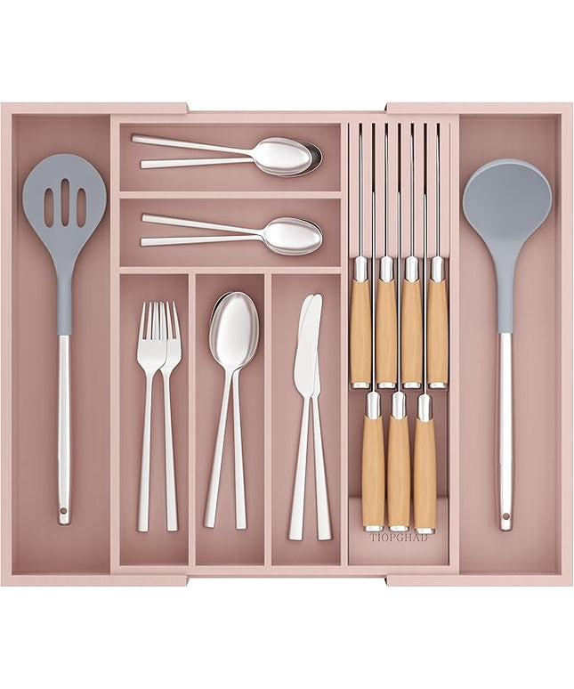 Bamboo-Silverware-Drawer-Organizer-Kitchen, Expandable Utensil Holder Cutlery Tray Flatware Organization Adjustable Wood Tableware Dividers Storage (with Removable Knife Block)(Grey Pink)
