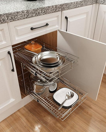 ROOMTEC Individual Pull Out Cabinet Organizer (11" W x 18" D), 2 Tier Spice Rack Organizer for Cabinet, Slide Out Drawer Pantry Shelf Organization and Storage for Kitchen Bathroom