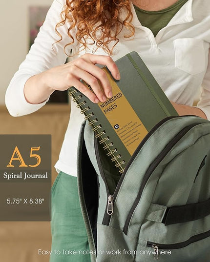 Lined Spiral Journal Notebook, A5 Hardcover Spiral Journals for Women Men, 150 Numbered Pages Spiral Bound Notebook, 100 GSM College Ruled Notebooks for Work, Note Taking 5.75" x 8.38", Olive Green