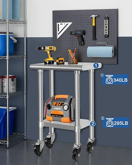 HARDURA Stainless Steel Commercial Table Prep & Work Table with Casters Heavy Duty Metal Table with Wheels NSF 430 18×24 Inches