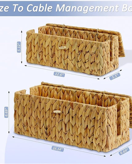 efluky 2 Pack Hand-Woven Cable Management Box with Lid, Water Hyacinth Open Slots Cord Box to Hide USB Wire, Power Strip & Charger for Home & Office and Dorm, Natural