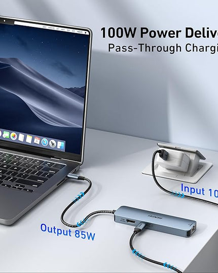 BENFEI USB C HUB 6-in-1 with HDMI(4K@60Hz), Gigabit Ethernet, 100W Power Delivery, 3*USB 3.0, Silicone Cable, Aluminum Case Compatible with iPhone 15 Pro/Max, MacBook, iPad Pro, iMac, S23, XPS17
