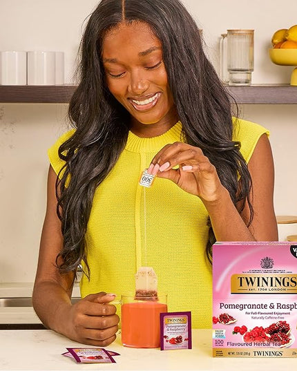 Twinings Pomegranate & Raspberry Herbal Tea Individually Wrapped Bags, 100 Count (Pack of 1), Naturally Caffeine-Free, Enjoy Hot or Iced, 100 Teabags