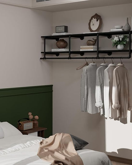 Wall Mounted Clothes Rack 12 Inch Deep, 72 Inch Heavy Duty Garment Rack with Real Black Wood Shelf, Multi-Purpose Hanging Rod & Space-Saving Closet Storage Organizer