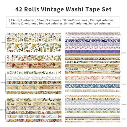 42 Rolls Vintage Washi Tape Set, Floral Letter Butterfly Mushroom Botanical Flower Writable Decorative Tapes for Scrapbooking , Junk Journal Supplies, Bullet Journaling 5-75mm Wide 9.84ft long/Roll