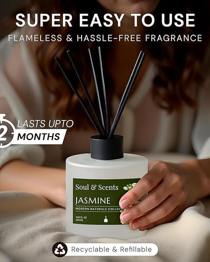 Soul & Scents Reed Diffuser Set – Jasmine | 7.43 oz Refillable Scented Oil with 6 Fiber Sticks | Long-Lasting Home Fragrance & Air Freshener for Bedroom, Bathroom, Office | Gift & Décor Piece