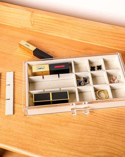 Frebeauty Acrylic Jewelry Organizer Earring Organizer Box with 5 Drawers Earring Holder Organizer with Velvet Trays Clear Jewelry Box for Women Earring Display for Rings Studs(Beige)
