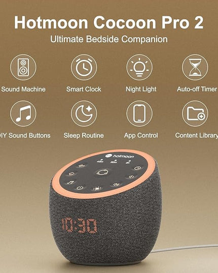 Hotmoon Sound Machine, Cocoon Pro 2 White Noise Machine for Sleeping Adults, 388 Non Looping Sounds & Sleep Timer, Smart App Control Night Light, Nature Sound Pink Green Brown Noise Maker, Plug in