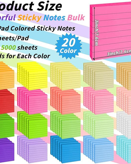 100 Pack Lined Sticky Notes Bulk 3 x 3 In Self-Stick Note Pads Colorful Posted Note in 20 Colors Adhesive Paper Memo 50Sheets/Pad Easy to Post for Office Home School Meetings Notebook Wall Door Window