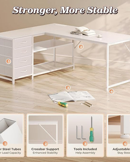 PRAISUN 53" L Shaped Desk with Power Outlets and USB-C Port, Reversible Computer Corner Office Desk with 4 Fabric Drawers and 2 Height-Adjustable Shelves, Large for Gaming Writing Work Study, White
