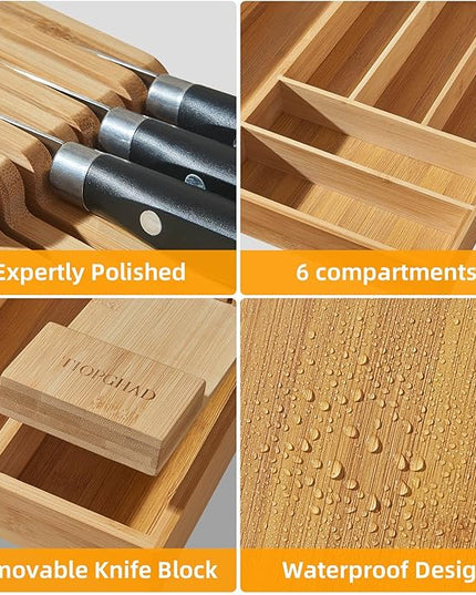 Small-Bamboo-Silverware-Drawer-Organizer, Expandable Utensil Kitchen Cutlery Tray Flatware Organization Adjustable Wood Tableware Dividers Storage (with Removable Knife Block)(Natural)