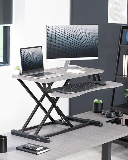 VIVO 32 inch Desk Converter, K Series, Height Adjustable Sit to Stand Riser, Dual Monitor and Laptop Workstation with Wide Keyboard Tray, Gray Top, Black Frame, DESK-V000KG