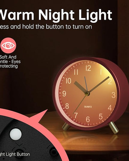 Analog Alarm Clock, 4 inch Super Silent Non Ticking Small Clock with Night Light, Battery Operated, Simple Design, easy setting for Office, Bedroom, Bedside, Desk, teens, elders, kids, adult, Red