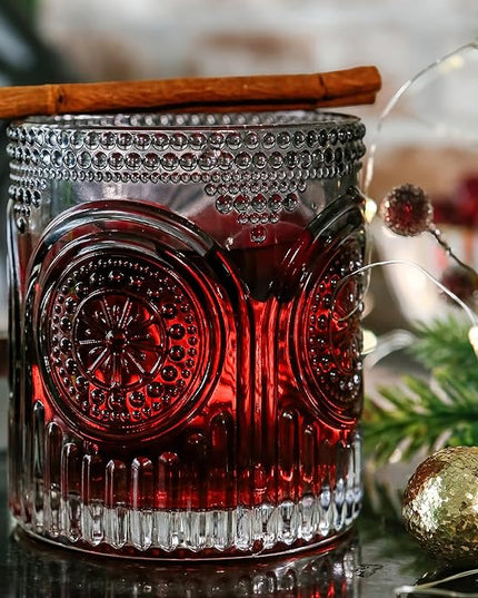 Ribbed Retro Arch Floral Smoke Grey Drinking Glasses Set of 6, (10 oz) Vintage Glassware Set by Kate Aspen| Cocktail Glass Set, Juice Glass, Water Cups | Hostess Gift & Present for New Home Owners