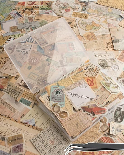 200Pcs Vintage Scrapbook Stickers, Aesthetic Junk Journal Stamping Supplies Kit, Scrapbooking Ephemera Washi Paper for Bullet Journaling Planners Diary Collage